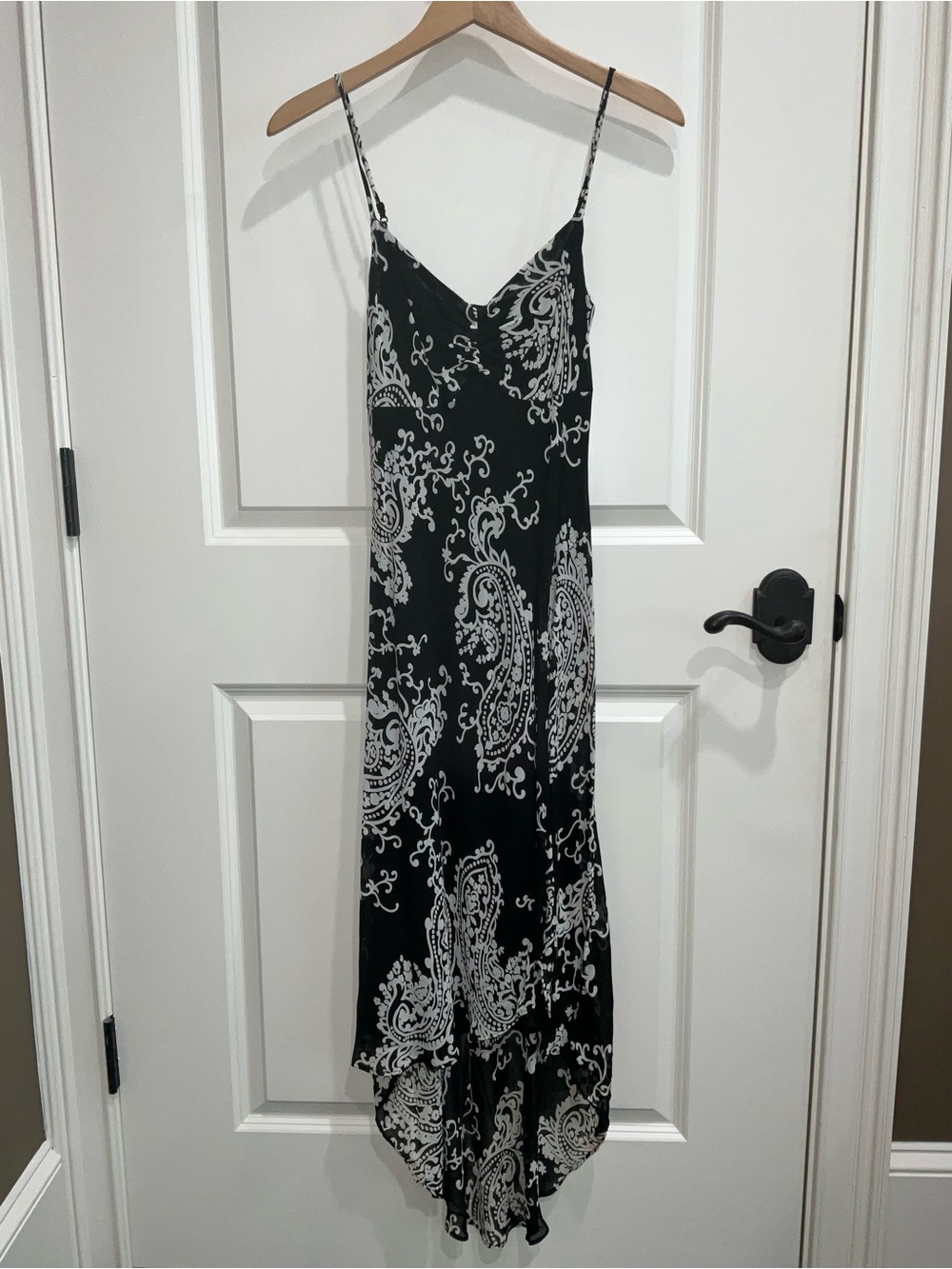 White House Black Market Black and White Paisley Asymmetrical Slip Dress